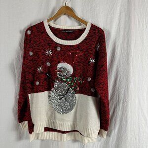 Red & White United States Sweaters Holiday Snowman Christmas Sweater With Sequin